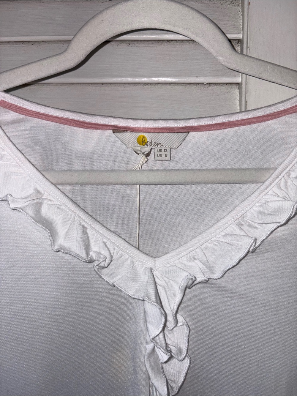 NWT Boden White Cotton Modal Ruffle Trim Knit Blouse Size US 8 - Picture 3 of 5